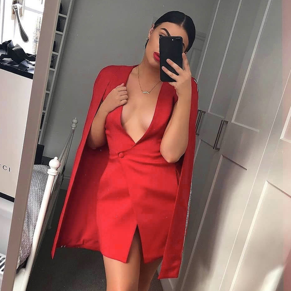   New Autumn Women Long Sleeve Slim Trench Coats Sexy White Red Deep V Single Breasted Celebrity Evening Party Coats
