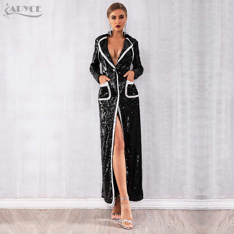   New Autumn Women Evening Party Coats Black Sequined Long Sleeve Double Breasted Deep V Club Coat Luxury Trench Coats