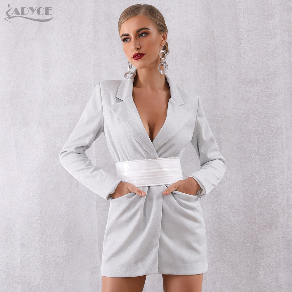   New Summer Women Slim Trench Coats Silver Deep V Covered Button Sash Coat Long Sleeve Solid Female Fashion Club Coats