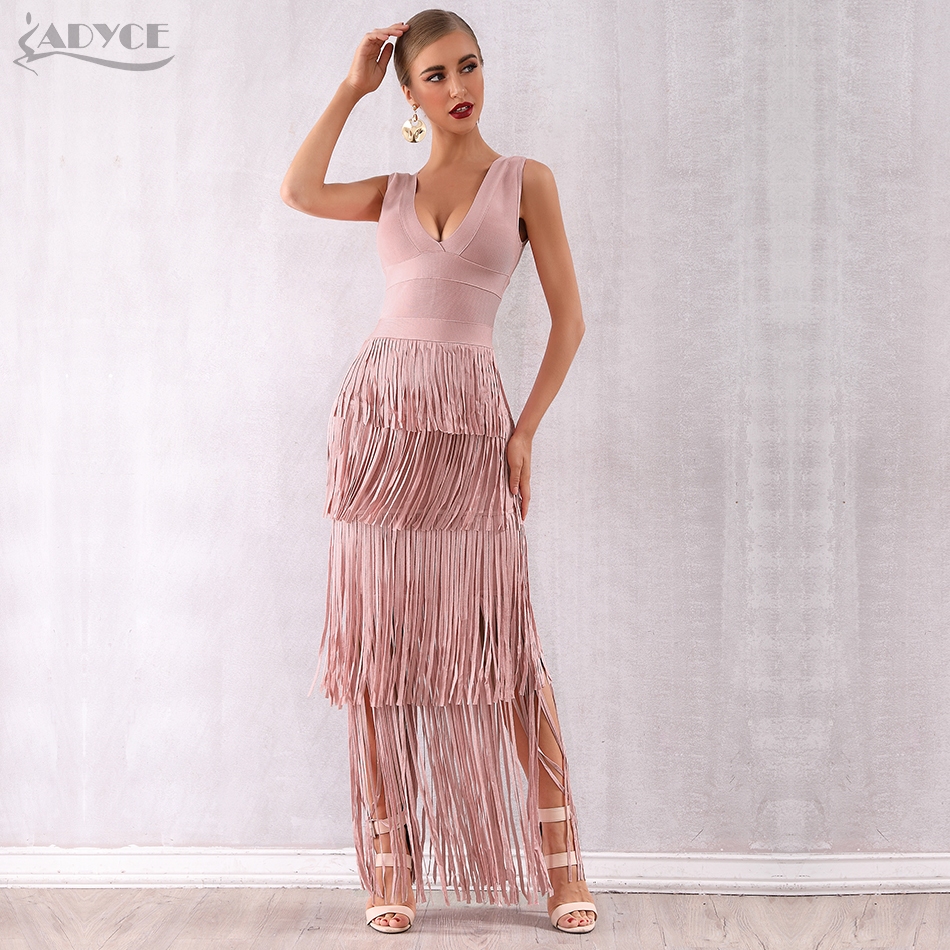   New Summer Nude Fringe Women Bandage Dress Vestidos Maxi Tassels Club Dress Sexy Deep V Celebrity Evening Party Dress