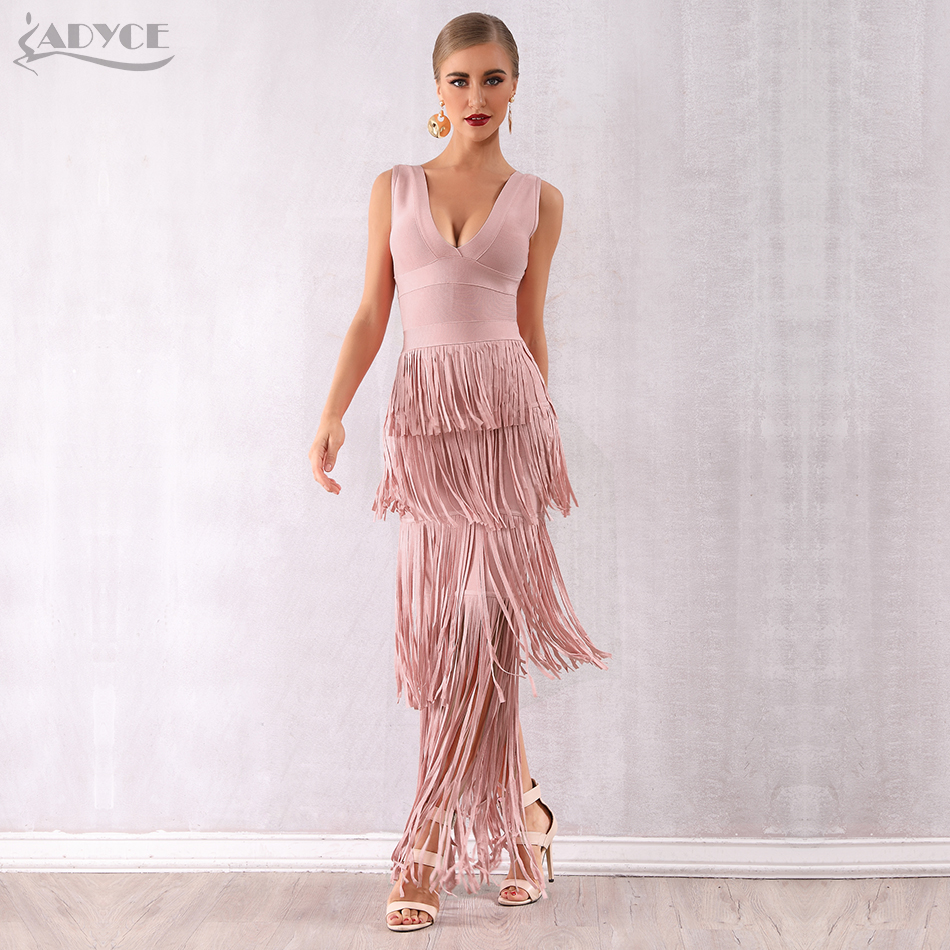   New Summer Nude Fringe Women Bandage Dress Vestidos Maxi Tassels Club Dress Sexy Deep V Celebrity Evening Party Dress