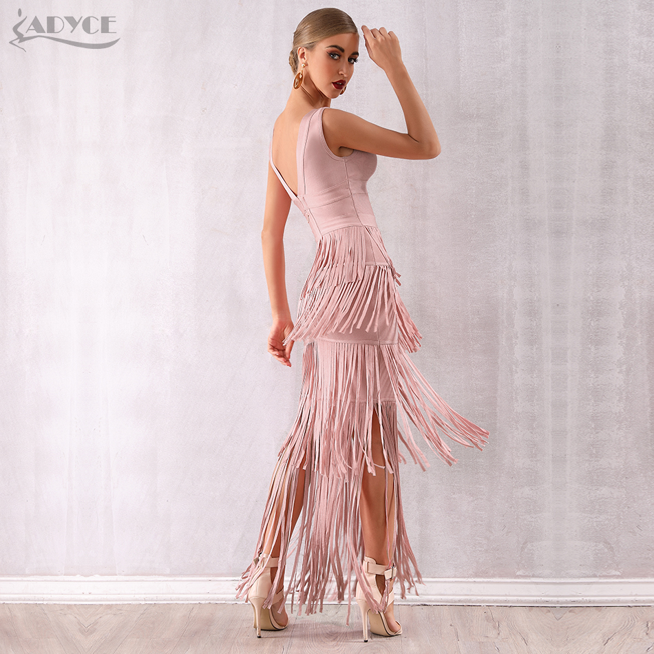   New Summer Nude Fringe Women Bandage Dress Vestidos Maxi Tassels Club Dress Sexy Deep V Celebrity Evening Party Dress