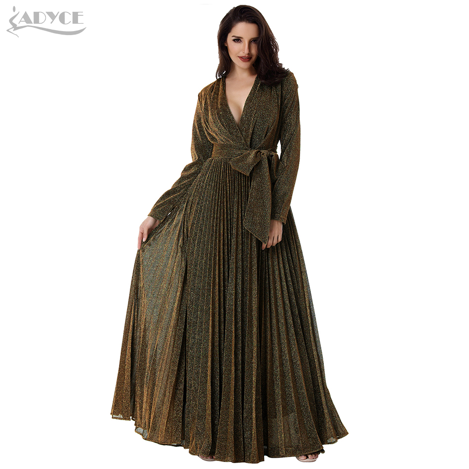   Long Pleated Maxi Women Runway Party Dress Gold Long Sleeve Deep V Neck Sashes Mesh Celebrity Party Dresses Vestidos