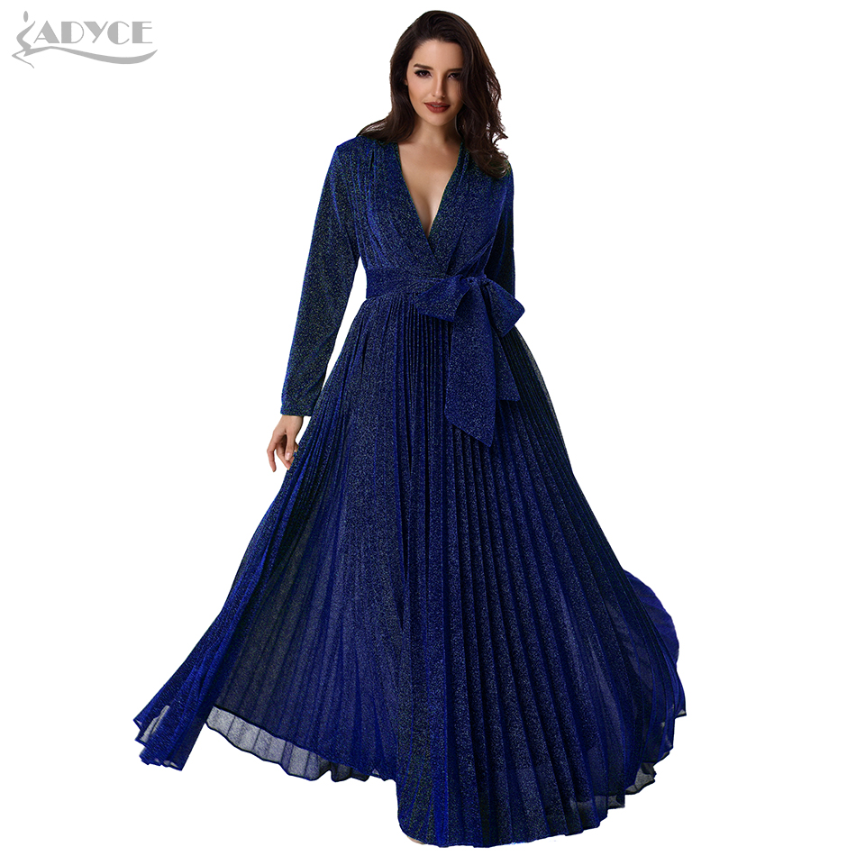   Long Pleated Maxi Women Runway Party Dress Gold Long Sleeve Deep V Neck Sashes Mesh Celebrity Party Dresses Vestidos