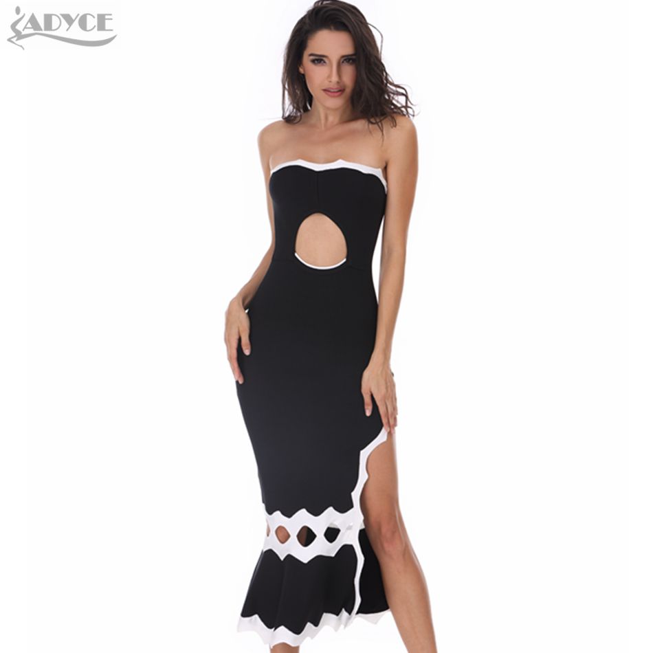   New Women Mermaid Bandage Dress Vestidos Sexy Hollow Out Strapless Black Patchwork Celebrity Runway Party Club Dress