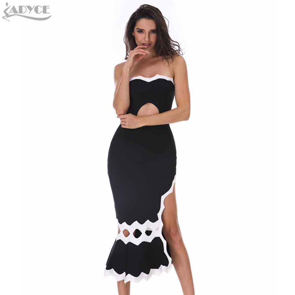   New Women Mermaid Bandage Dress Vestidos Sexy Hollow Out Strapless Black Patchwork Celebrity Runway Party Club Dress
