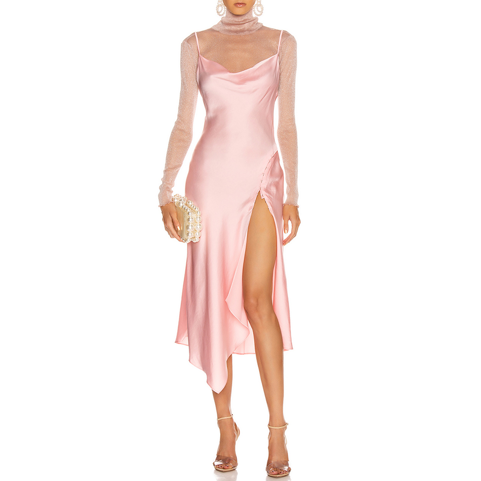   New Summer Pink Sleeveless Sexy Spaghetti Strap Bodycon Club Midi V Neck Celebrity Evening Runway Party Dress Vestido