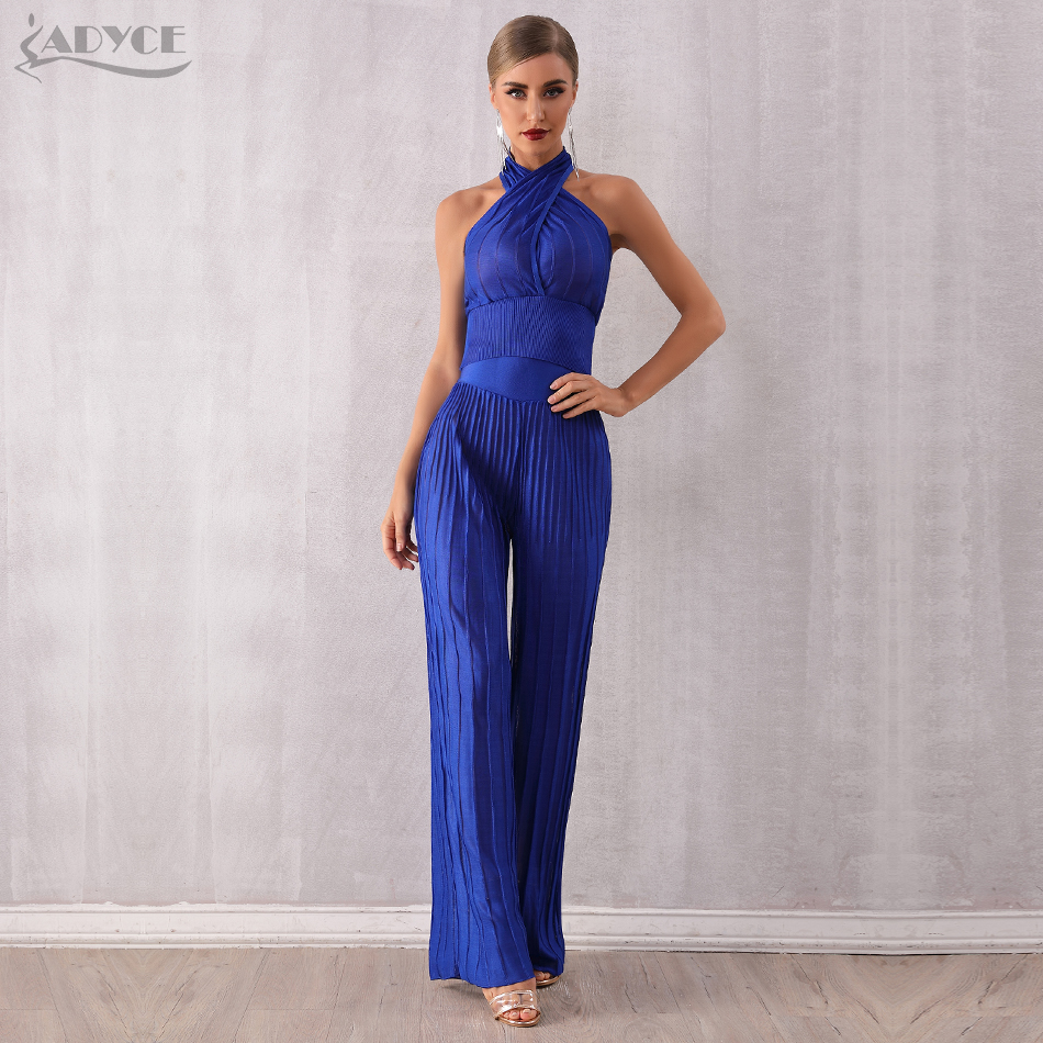   New Blue Sexy Sleeveless Two Pieces Sets Halter Short Top& Long Pants Women Fashion Celebrity Evening Club Party Sets