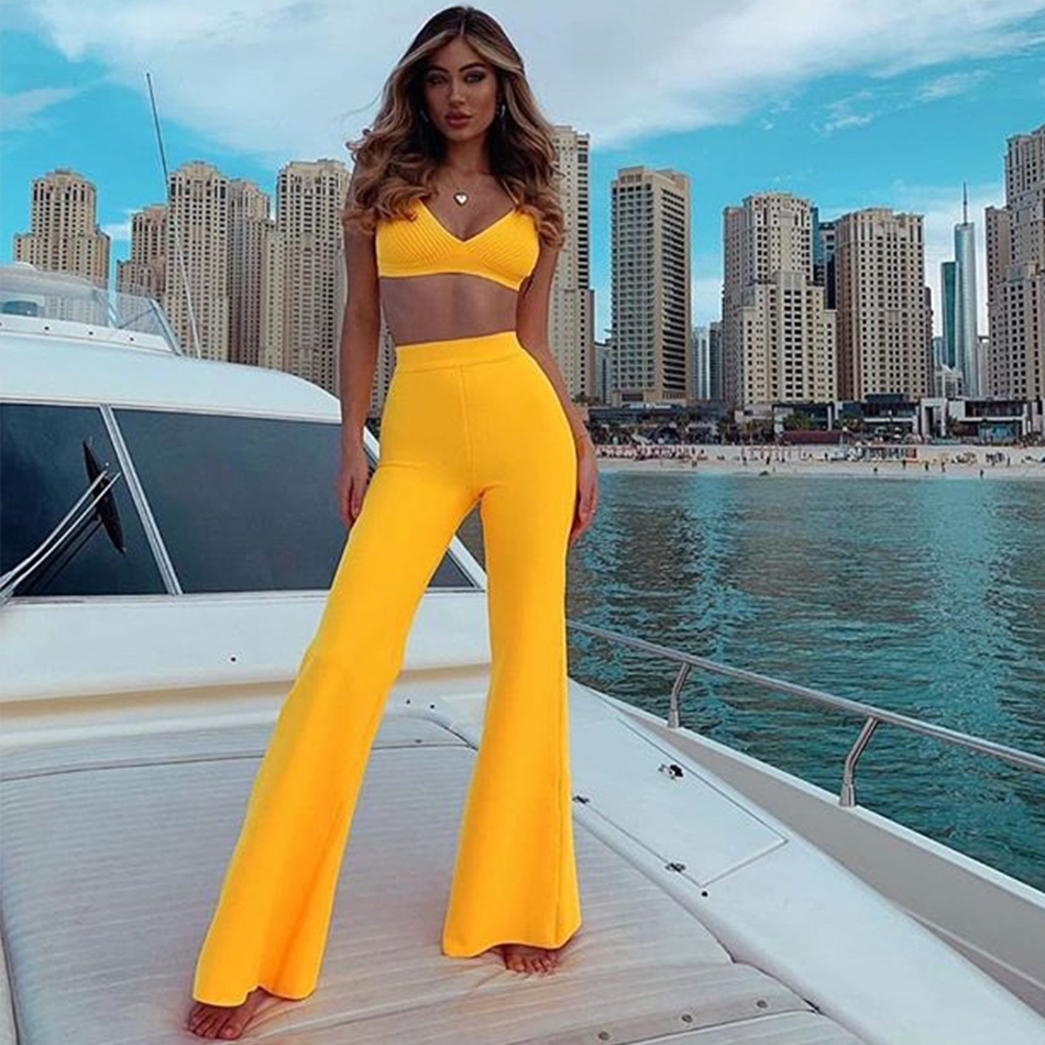  New Summer Women Bandage Sets Vestidos Tops&Pant 2 Two Pieces Set Sleeveless V Neck Celebrity Evening Club Party Sets