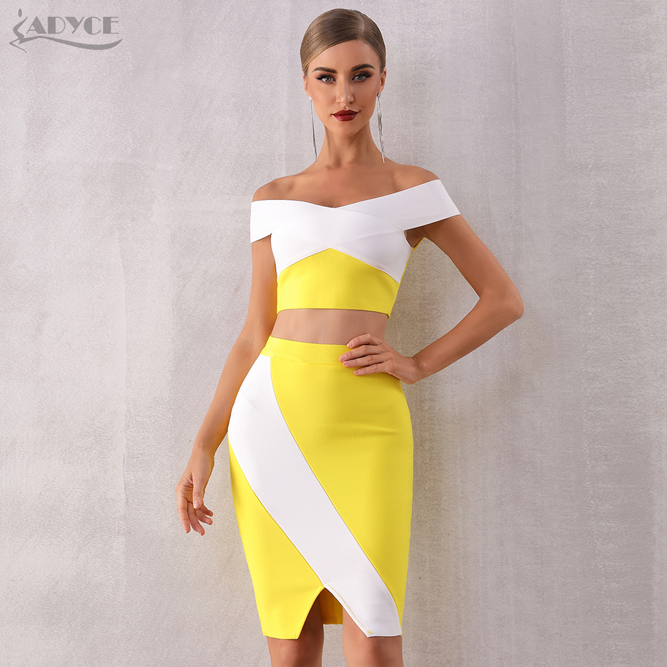   Summer Women Bodycon Bandage Sets Summer Dress Vestidos 2 Two pieces Set Top Slash Neck Celebrity Evening Party Dress