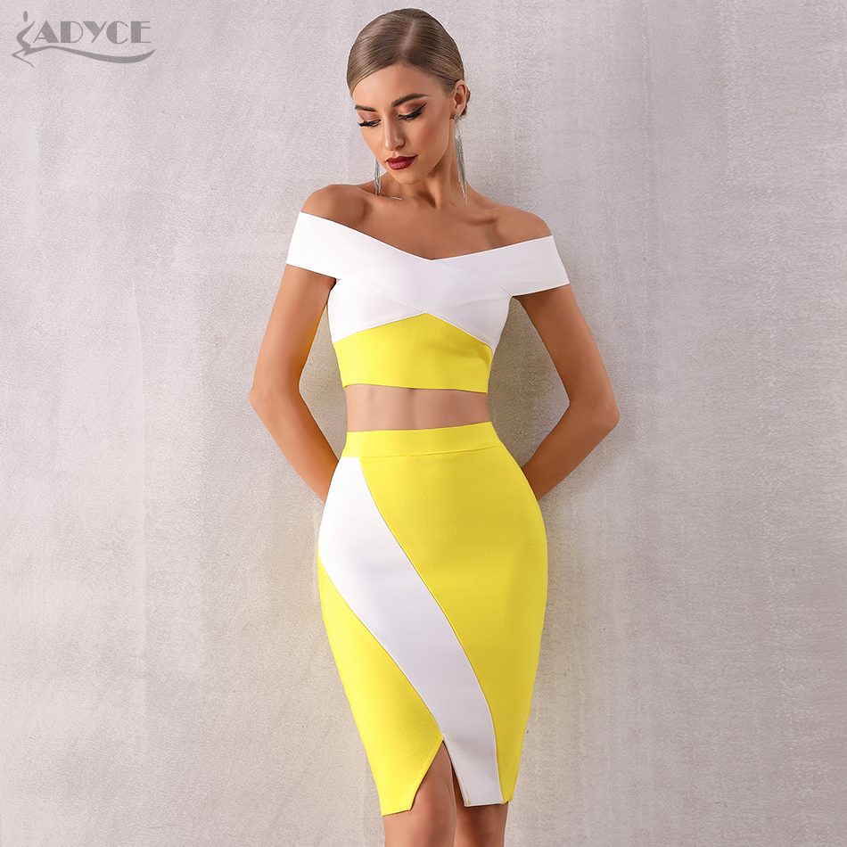   Summer Women Bodycon Bandage Sets Summer Dress Vestidos 2 Two pieces Set Top Slash Neck Celebrity Evening Party Dress