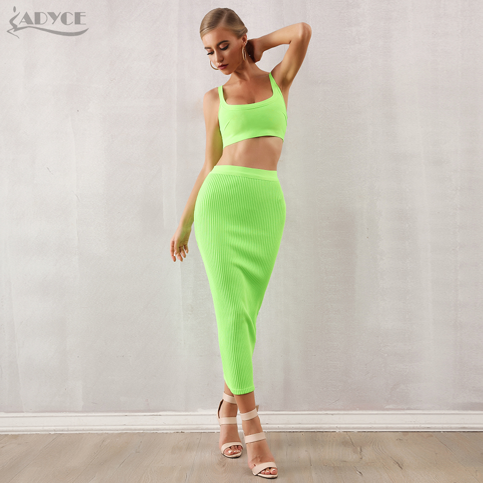   New Summer Women Bodycon Bandage Sets 2 Two pieces Set Top Green Strapless Sleeveless Celebrity Evening Party Dresses