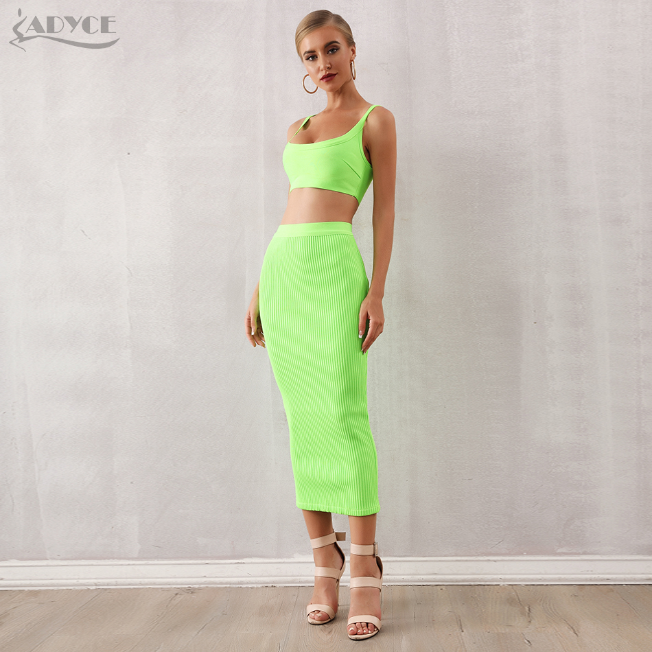   New Summer Women Bodycon Bandage Sets 2 Two pieces Set Top Green Strapless Sleeveless Celebrity Evening Party Dresses