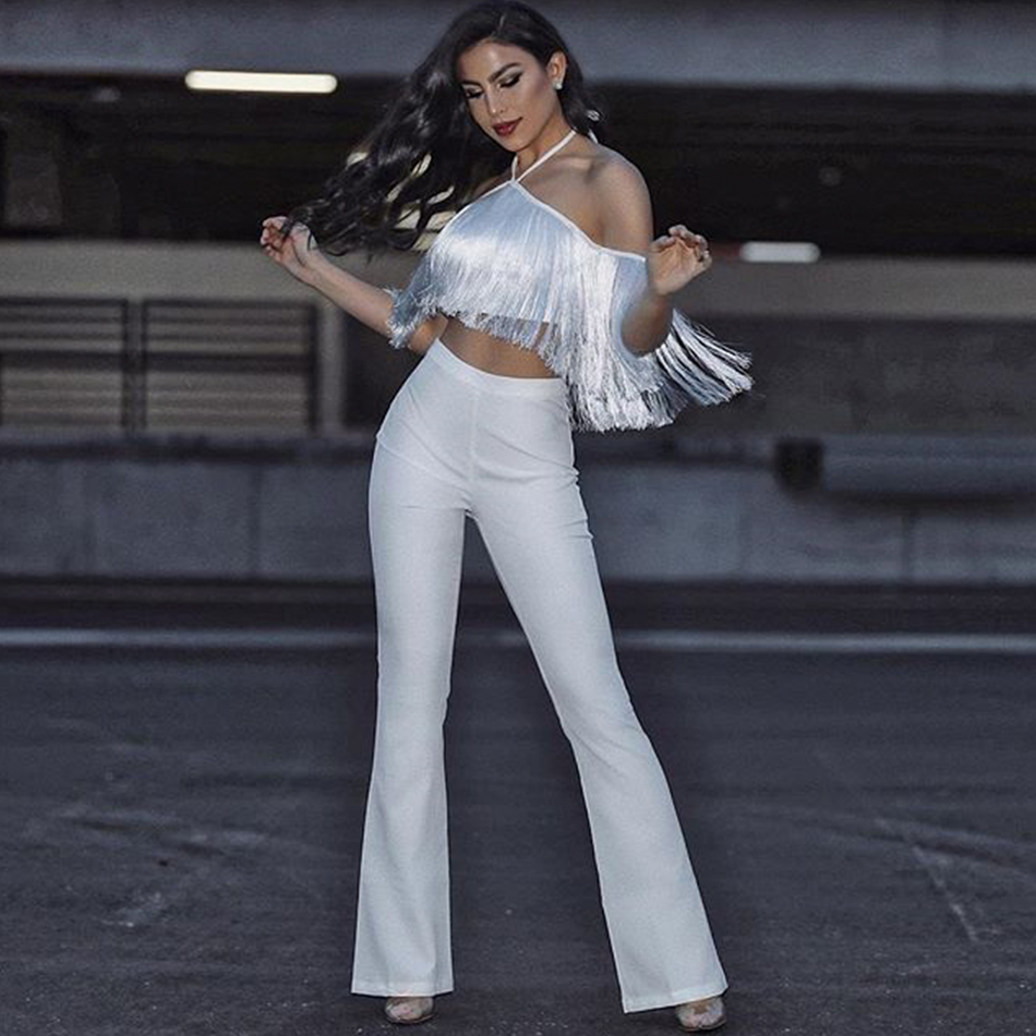   New Summer Women Club Bandage Sets White Tops&Pant 2 Two Pieces Sets Tassel Off Shoulder Celebrity Evening Party Sets
