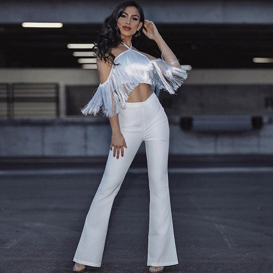   New Summer Women Club Bandage Sets White Tops&amp;Pant 2 Two Pieces Sets Tassel Off Shoulder Celebrity Evening Party Sets