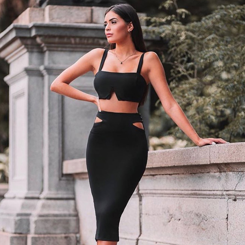   New Summer Women Black Bodycon Bandage 2 Two Pieces Sets Sleeveless Top&Skirt Hollow Out Celebrity Evening Party Sets