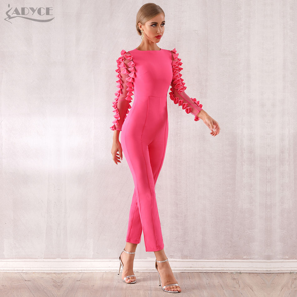  Celebrity Runway Jumpsuits For Women  Summer Sexy Rose Red Lace Hollow Out Long Jumpsuit Sexy Bodycon Club Jumpsuits