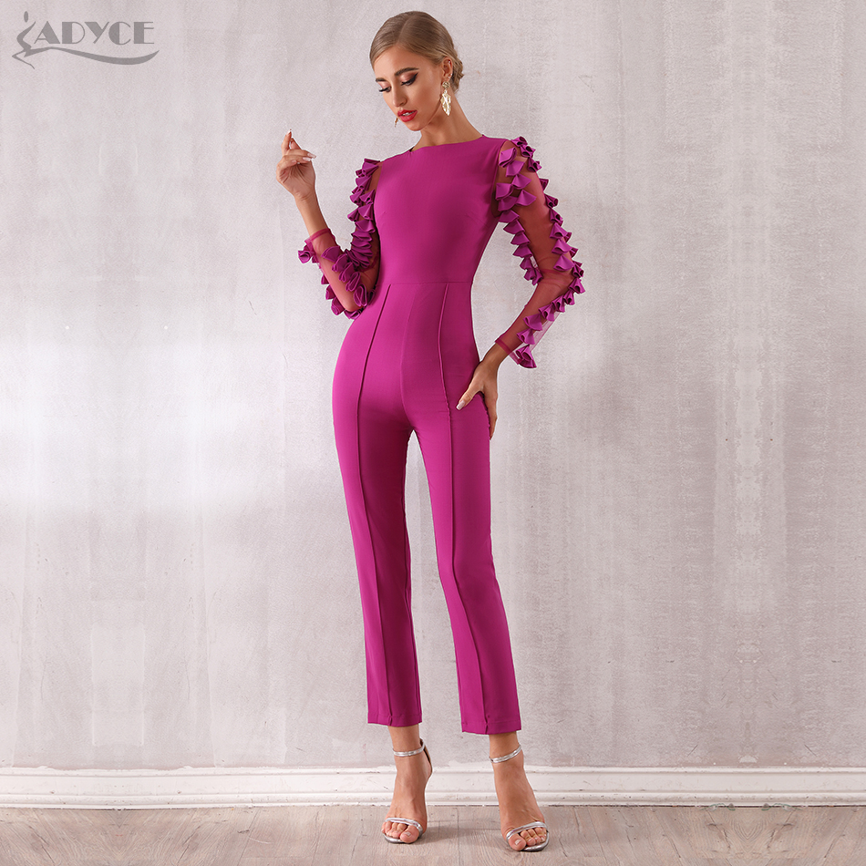  Celebrity Runway Jumpsuits For Women  Summer Sexy Rose Red Lace Hollow Out Long Jumpsuit Sexy Bodycon Club Jumpsuits