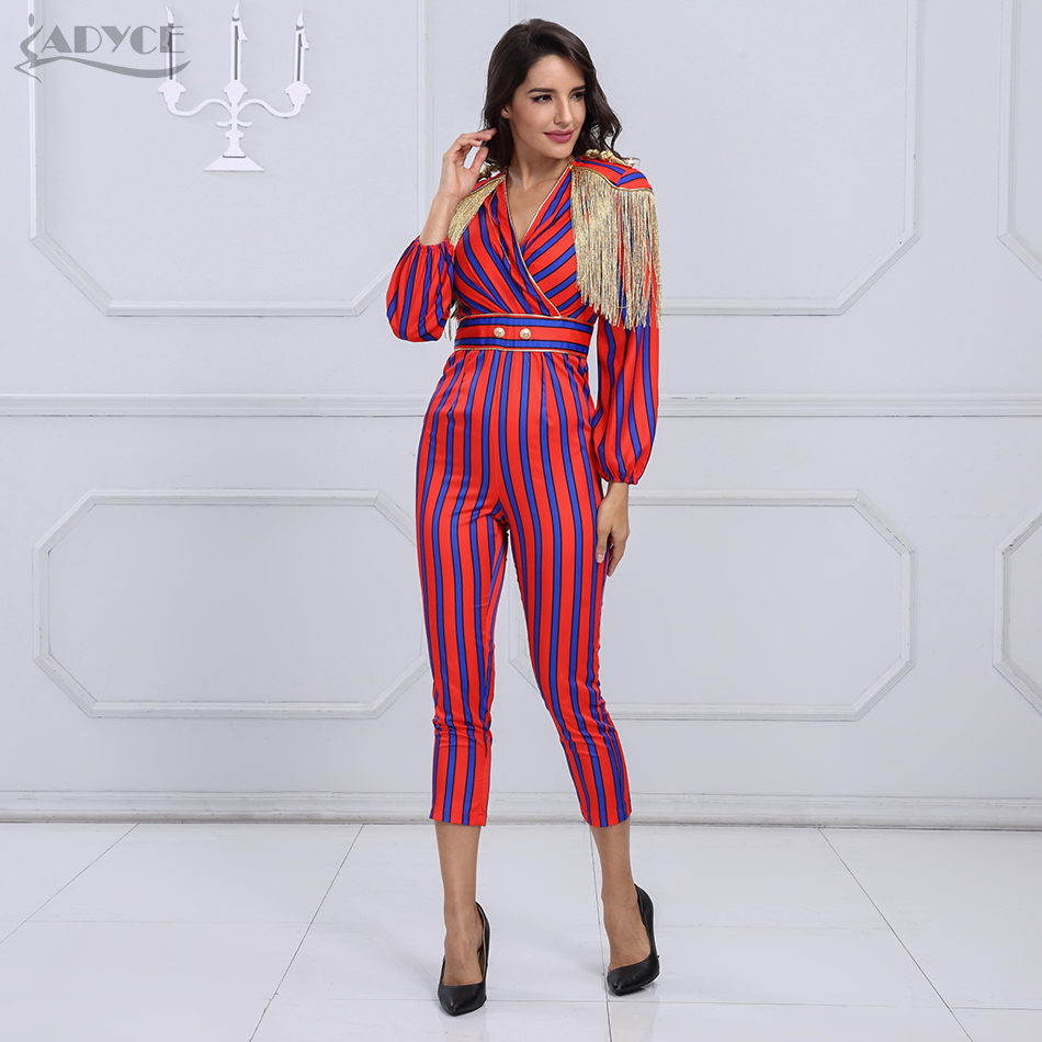  New Runway Fringe Striped Jumpsuits For Women  Celebrity Party Jumpsuit Long Sleeve Red Blue Tassel Jumpsuit Bodysuit