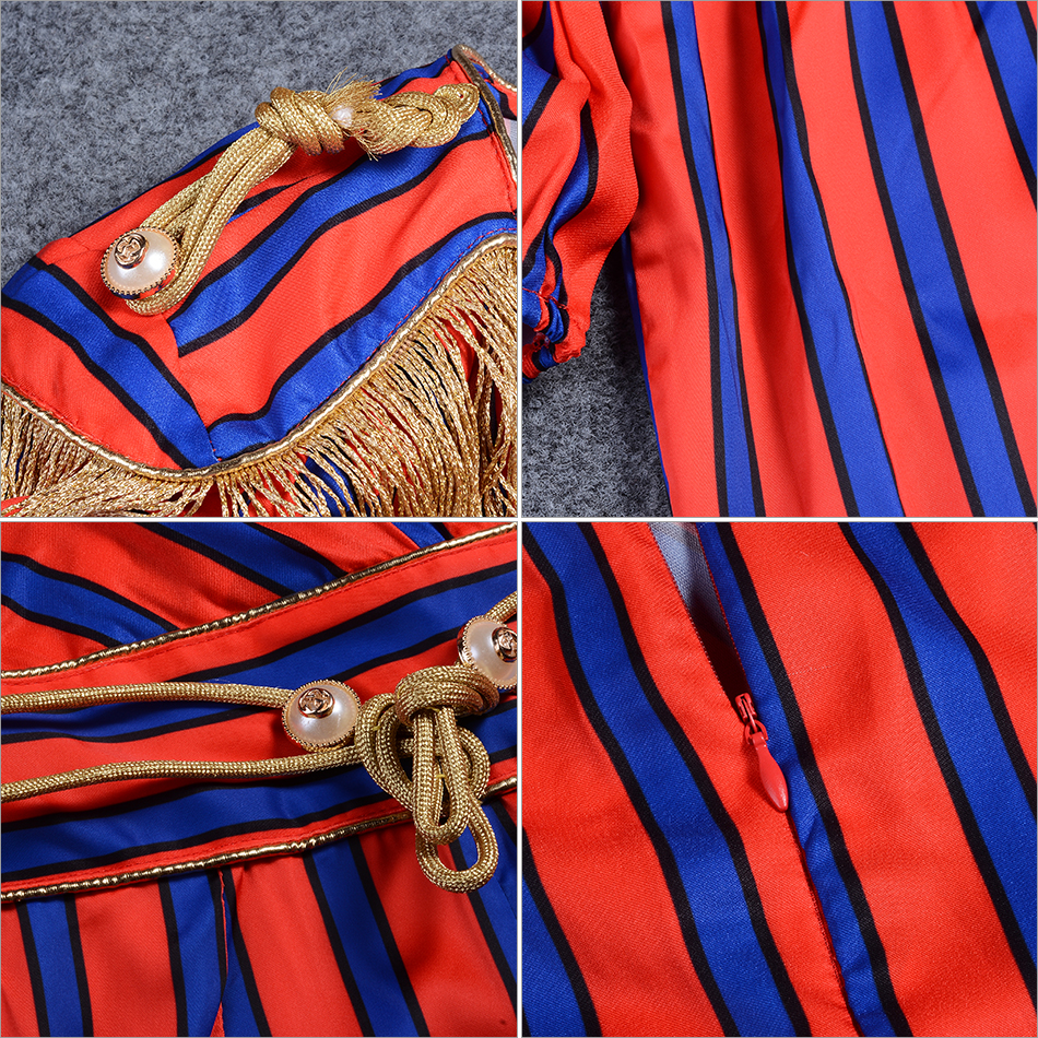  New Runway Fringe Striped Jumpsuits For Women  Celebrity Party Jumpsuit Long Sleeve Red Blue Tassel Jumpsuit Bodysuit