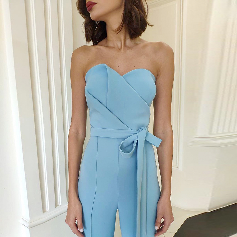  Celebrity Runway Jumpsuits For Women  Summer Sexy Blue Bow Romper Long Jumpsuit Sexy Strapless Bodycon Club Bodysuits