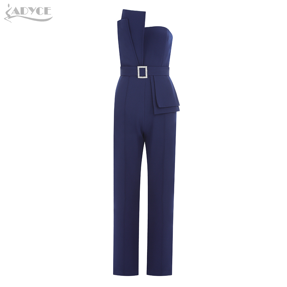  Celebrity Runway Party Jumpsuits For Women  New Summer Sexy Strapless Sleeveless Blue Diamond Sashes Bodycon Bodysuits