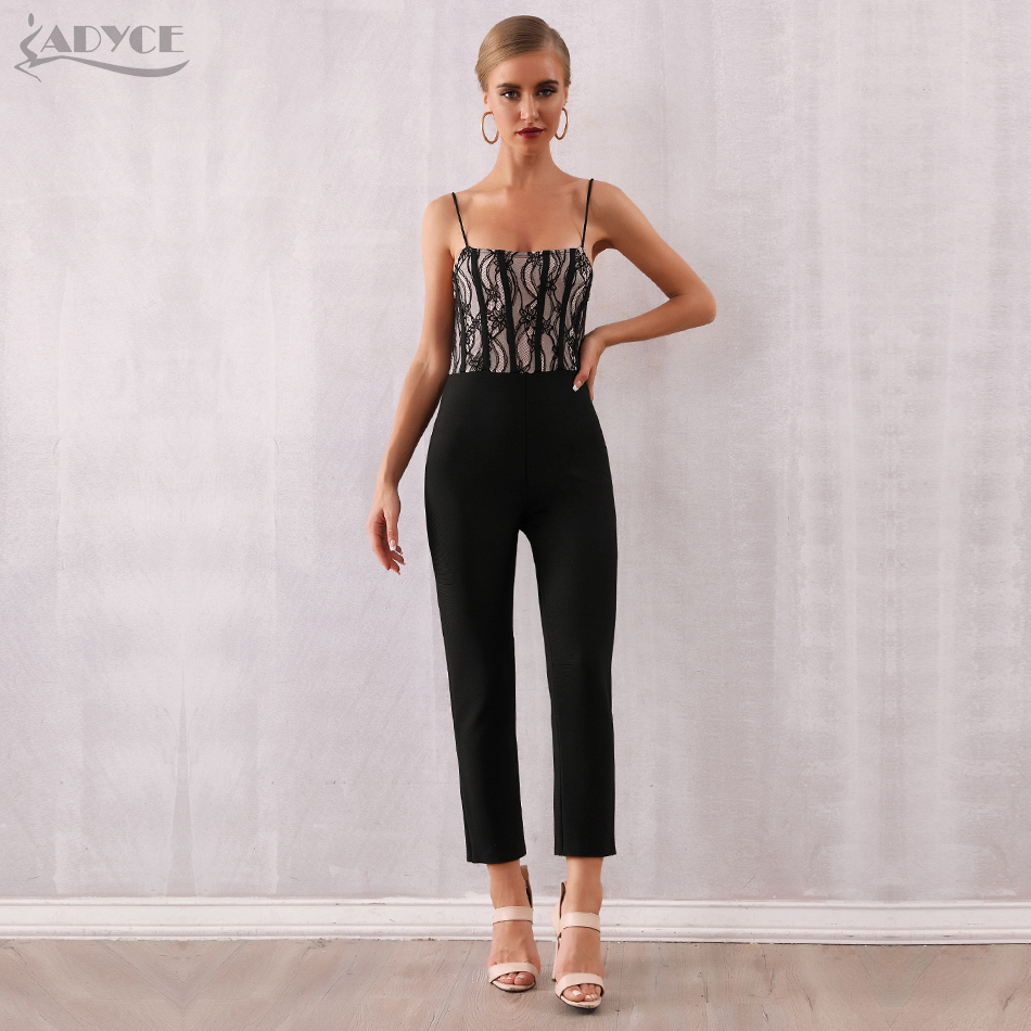   New Summer Lace Celebrity Runway Bandage Jumpsuit For Women Sexy Spaghetti Strap Sleeveless Club Long Jumpsuit Romper