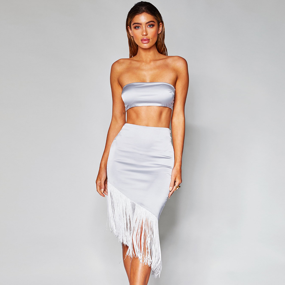   New Summer Women White Club Fashion Set Sexy Sleeveless Tassel Top&amp;Skirt 2 Two Piece Set Celebrity Evening Party Sets