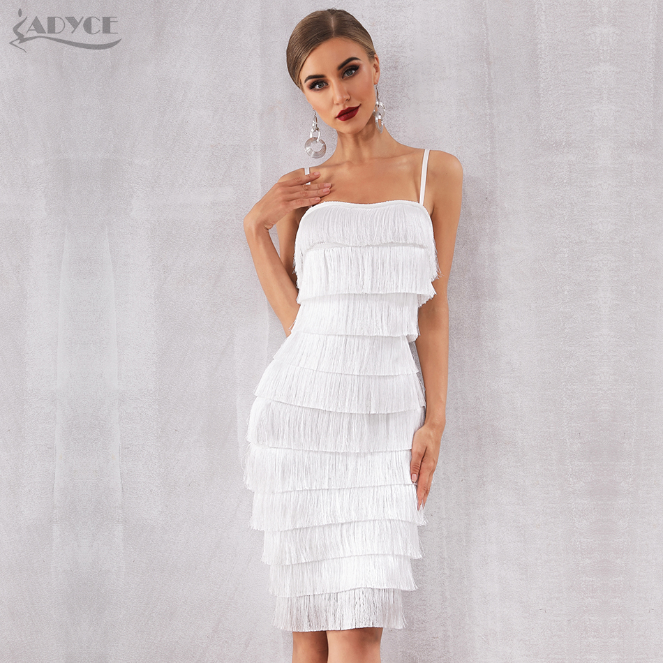   New Summer Bodycon Fringe Bandage Dress Women Vestidos White Spaghetti Strap Tassel Club Dress Celebrity Party Dress