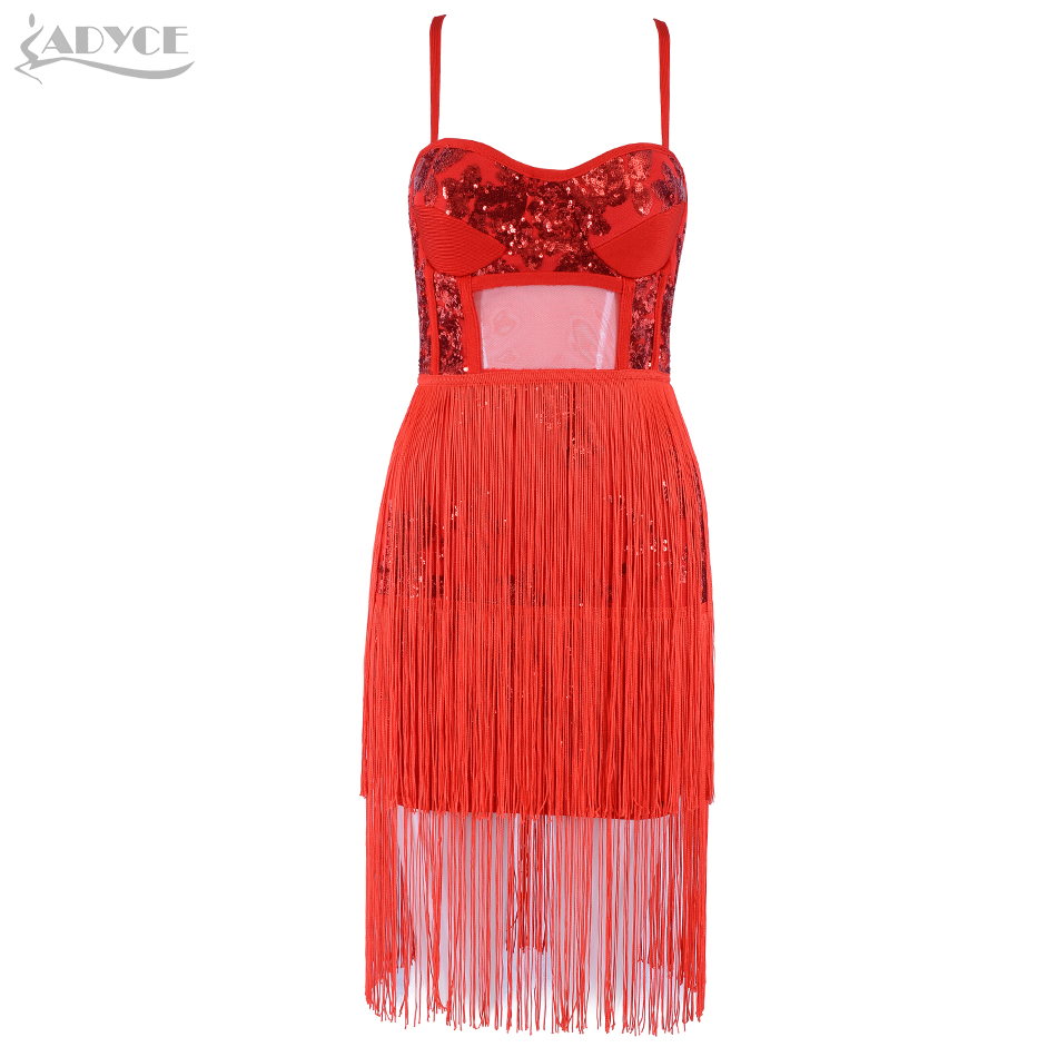   Summer Bodycon Bandage Dress Vestidos Women Celebrity Party Dress Red Spaghetti Strap Tassel Fringe Mini Club Dresses