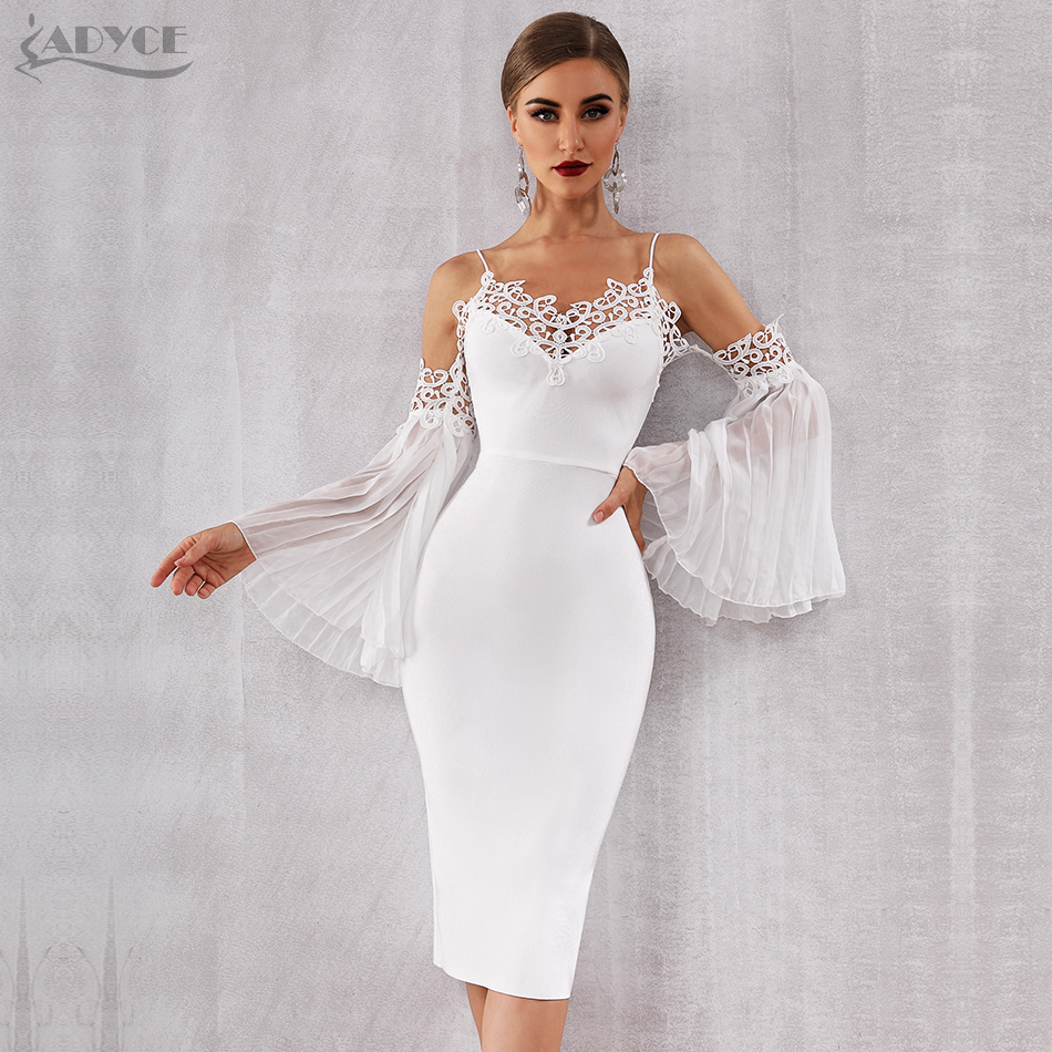   New Autumn Women Bandage Dress Sexy Flare Sleeve White Lace Midi Dress Vestidos Elegant Celebrity Evening Party Dress