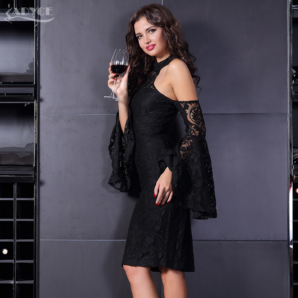   New Autumn Lace Bodycon Runway Bandage Dress Women Vestidos Long Flare Sleeve Black Halter Midi Celebrity Party Dress