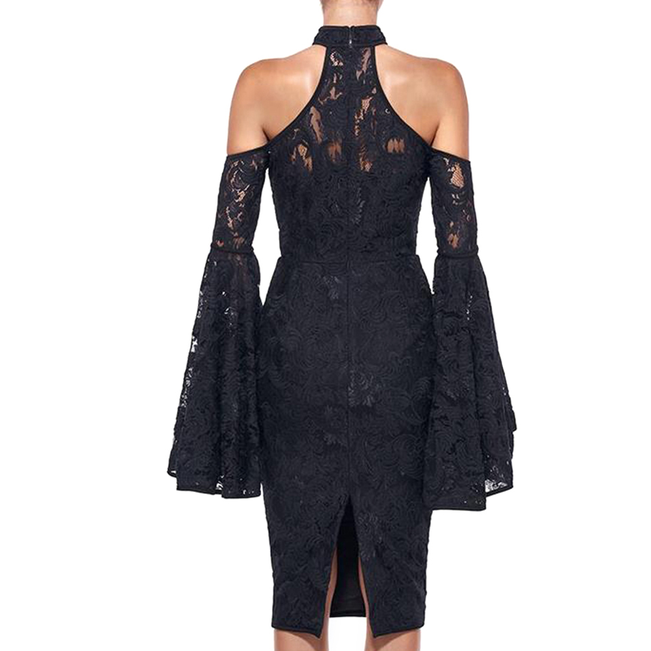   New Autumn Lace Bodycon Runway Bandage Dress Women Vestidos Long Flare Sleeve Black Halter Midi Celebrity Party Dress