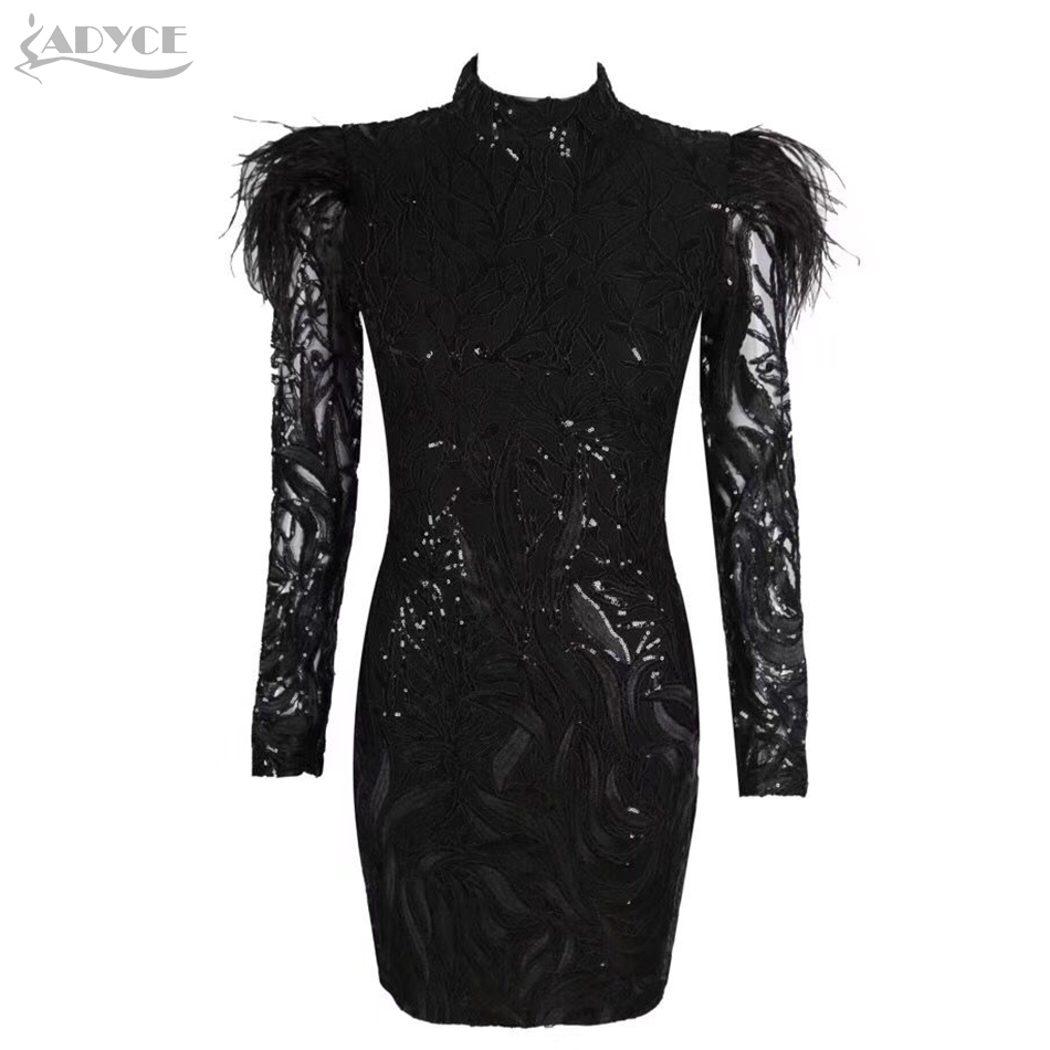   New Spring Luxury Sequined Celebrity Evening Party Dress Sexy Long Sleeve Turtleneck Black Feather Club Dress Vestido