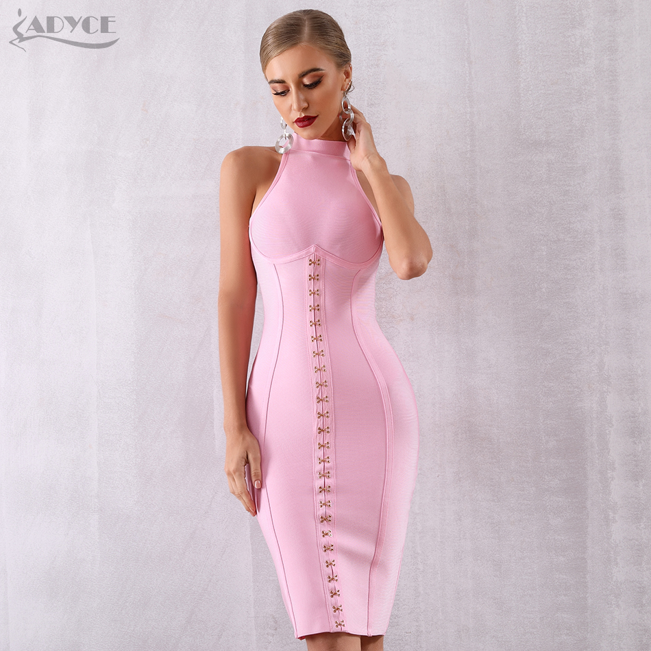   New Summer Women Bandage Dress Sexy Sleeveless Pink Tank Bodycon Club Dress Hot Celebrity Evening Party Dress Vestido