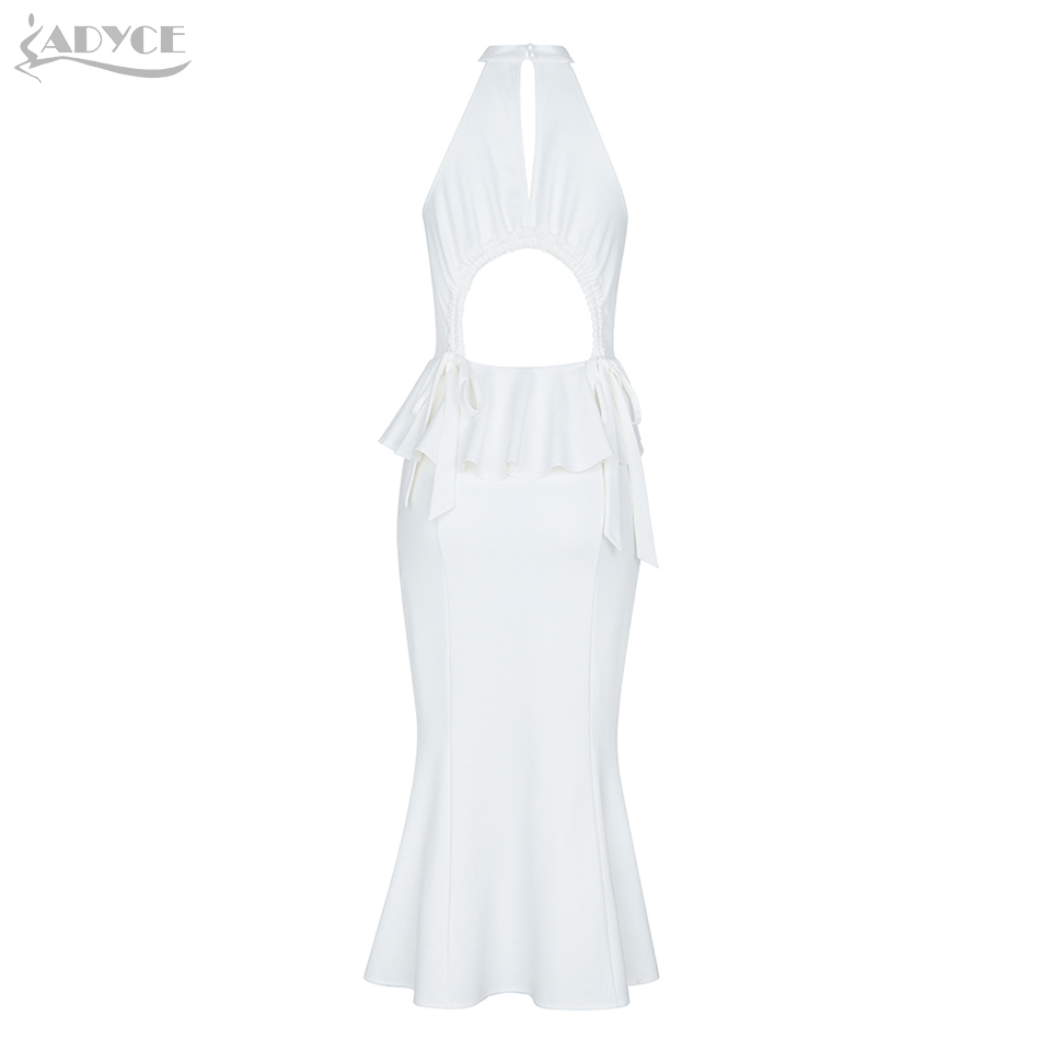   New Summer Arrival Women Celebrity Party Dress Sexy Sleeveless White Halter Ruffles Midi Club Mermaid Dress Vestidos