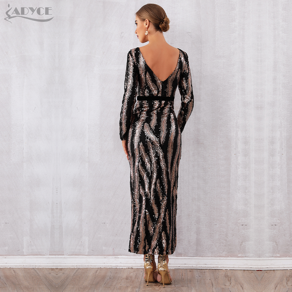   New Winter Sequin Celebrity Evening Runway Party Dress Women Vestidos Sexy Backless Maxi Long Sleeve Night Club Dress