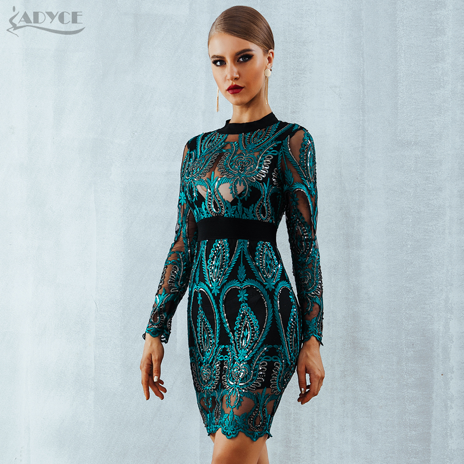  Luxury Celebrity Party Sequin Dress Women  New Long Sleeve Backless Sexy Mesh Hollow Out Mini Green Club Dress Vestido