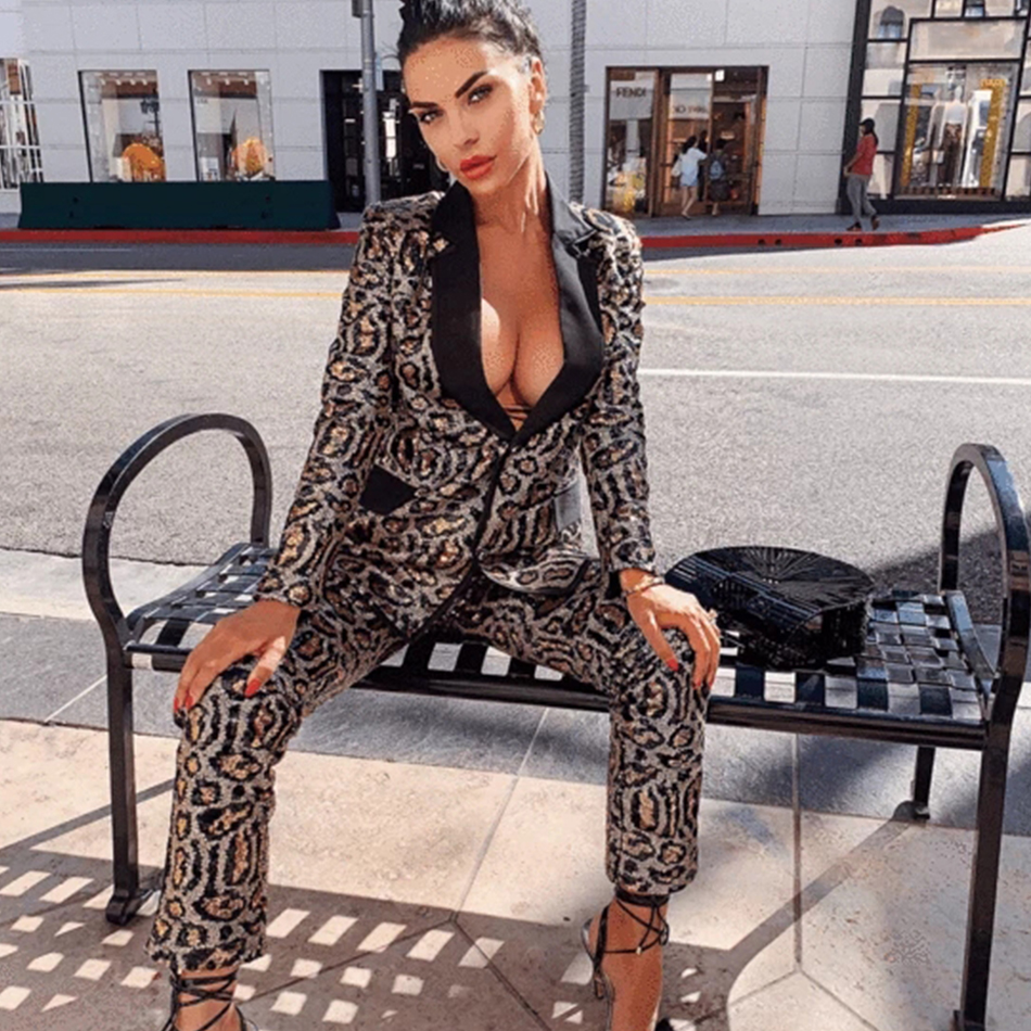   New Autumn Leopard Long Sleeve Sequined Celebrity Evening Party 2 Two Piece Set Sexy V Neck Coat & Long Pant Club Set
