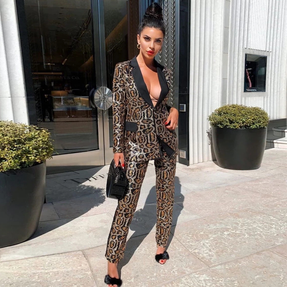  New Autumn Leopard Long Sleeve Sequined Celebrity Evening Party 2 Two Piece Set Sexy V Neck Coat & Long Pant Club Set