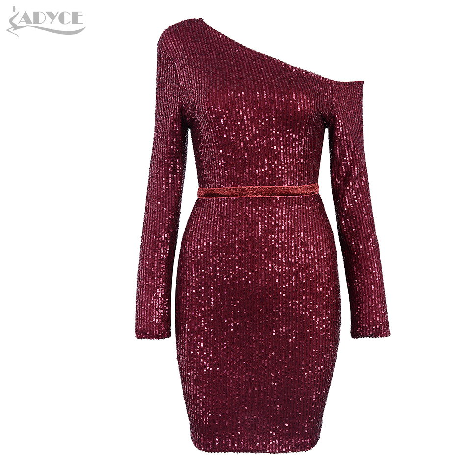   New Summer Women Celebrity Evening Party Dress Sexy One Shoulder Sequin Slash Neck Mini Bodycon Club Dresses Vestidos