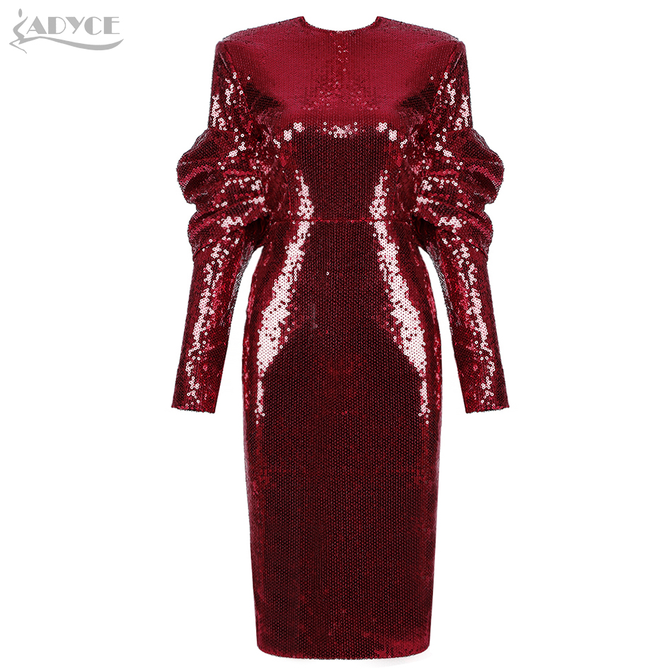   New Autumn Wine Red Sequined Celebrity Evening Party Dress Women Sexy Long Sleeve Draped Bodycon Club Dress Vestidos