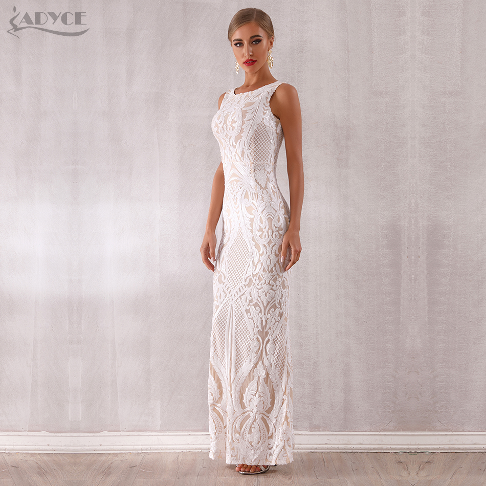   New Arrival Luxury Sequined Maxi Celebrity Evening Runway Party Dress Vestidos Sexy Sleeveless White Tank Club Dress