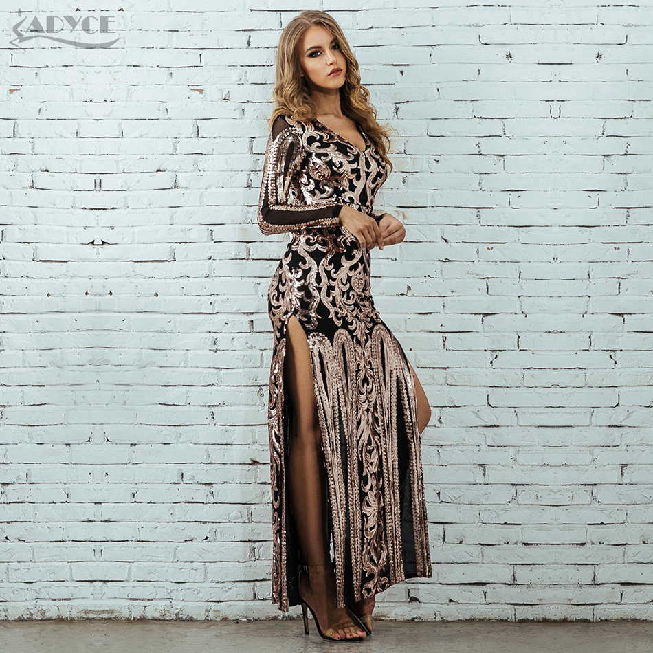  Women Bodycon Dress Vestidos Verano  Luxury Runway Long Sleeve Sequin Sexy Maxi Evening Celebrity Evening Party Dress