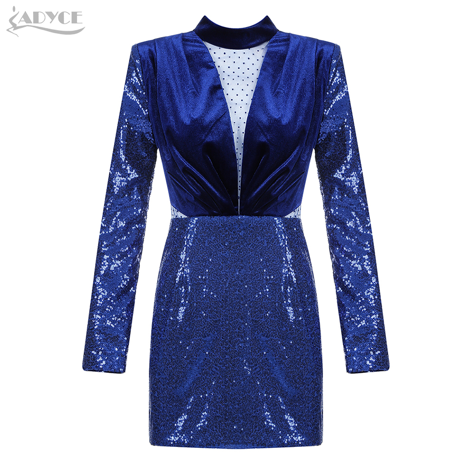   New Winter Luxury Sequined Celebrity Evening Party Dress Women Sexy Backless Lace Blue Bodycon Club Dresses Vestidos