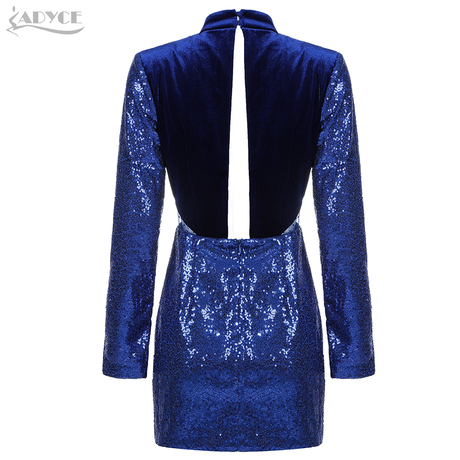  New Winter Luxury Sequined Celebrity Evening Party Dress Women Sexy Backless Lace Blue Bodycon Club Dresses Vestidos