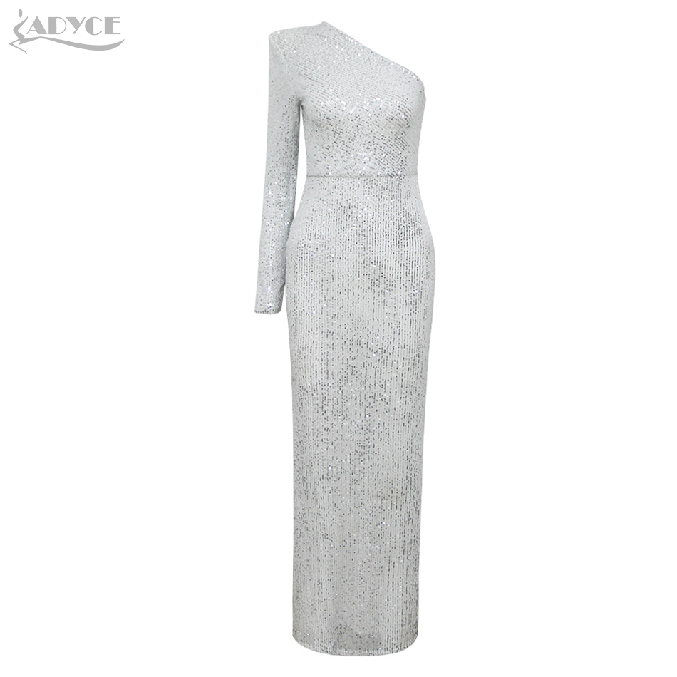  New Autumn One Shoulder Luxury Sequined Celebrity Evening Party Dress Sexy Long Sleeve Silver Bodycon Club Dress Vestidos