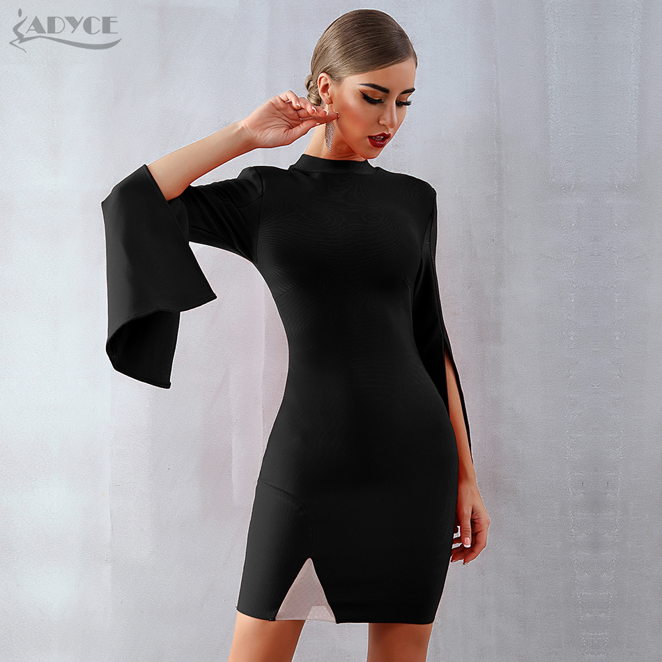   New Winter Women Red Bandage Dress Sexy Flare Sleeve Black Club Dress Vestidos Elegant Celebrity Evening Party Dress