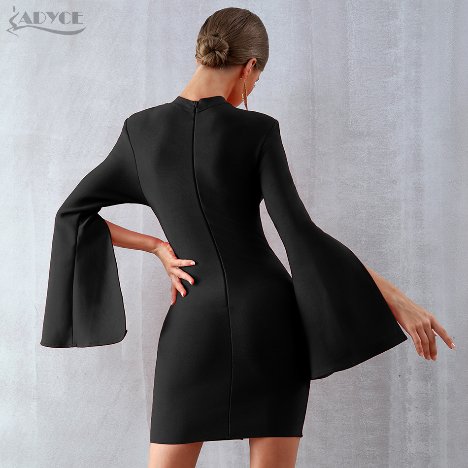   New Winter Women Red Bandage Dress Sexy Flare Sleeve Black Club Dress Vestidos Elegant Celebrity Evening Party Dress