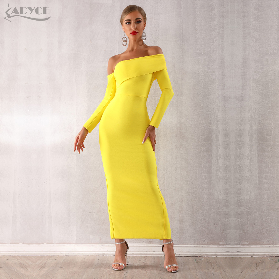   New Arrival Sexy Women Bandage Dress Long Sleeve Yellow Draped Off Shoulder Long Maxi Celebrity Evening Party Dresses
